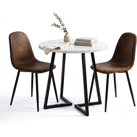 FurnitureR Essgruppe Rund 80 cm mit 2 Stühlen Marmoroptik Esstisch MDF Runder 80-cm-Esstisch mit 2 komfortablen Stühlen – ideal für Küche, Apartment und Essbereich (1/5)