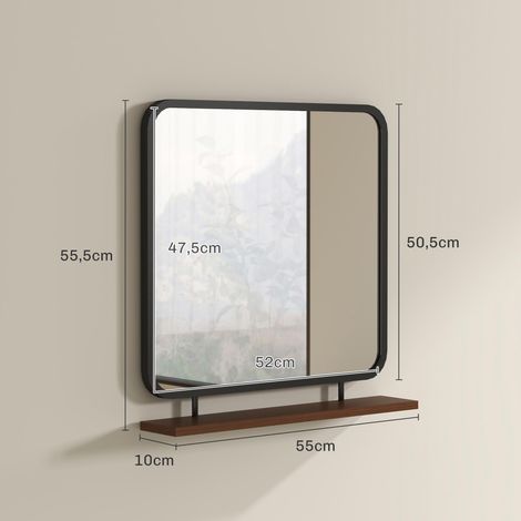 Miroir mural avec étagère, style vintage, cadre en métal, bois de paulownia, 55 x 55,5 cm, noir/bois (1/5)
