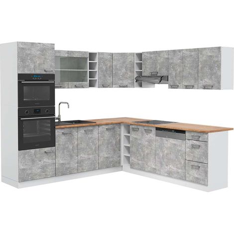 Eckküche R-Line, Beton/Weiß, 247 x 237 cm, AP Eiche, Vicco