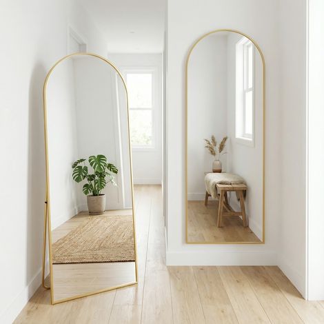 Grand miroir sur pied 165x60cm, arche, sur pied ou mural, cadre aluminium fiin & verre HD anti-éclats sécurisé, pour chambre/entrée, style scandinave moderne(165x60cm, Doré)