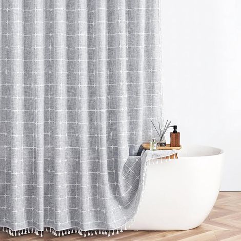 Filiyano-Rideau de douche à carreaux, gris bohème, 183x183cm, en coton et lin avec pompons et crochets (1/5)