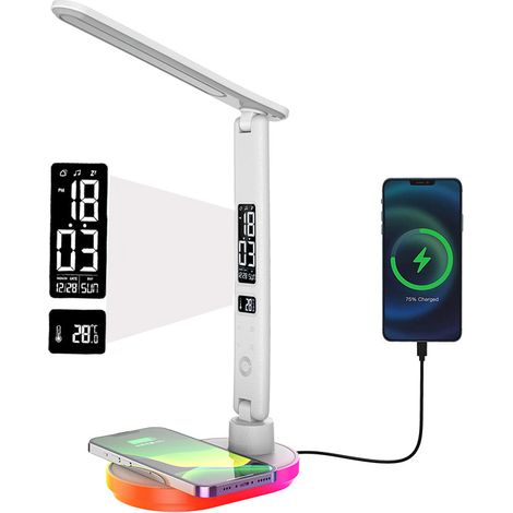 Lampe de bureau blanc, lampe de bureau à affichage de réveil multifonctionnelle sans fil pour téléphone portable, à charge rapide + prise européenne (1/5)