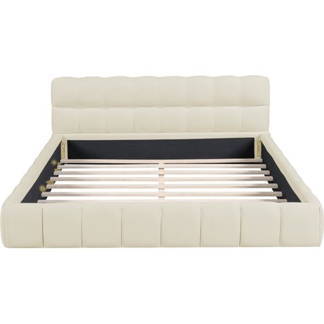 Lit double 160x200 cm, avec tête de lit en forme de guimauve, sommier à lattes en bois, cadre en métal, lit capitonné en coton et lin - Beige