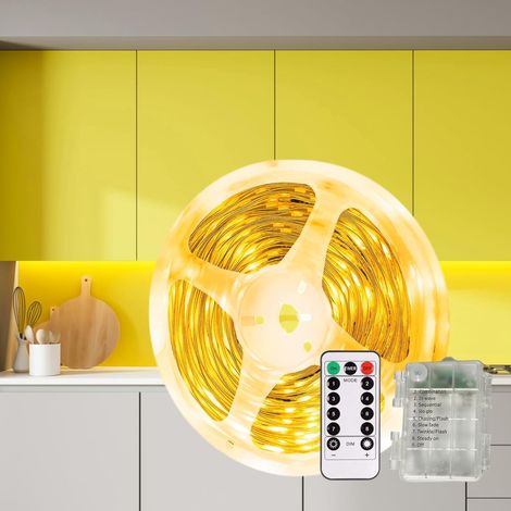 Ruban LED à piles 3m, 90 LEDs Bande LED Alimenté par Batterie Autocollante avec Télécommande, Dimmable, 8 Mode, Minuterie, Étanche Découpable Lumineuse pour Chambre, Cuisine, Salon, Blanc Chaud (1/5)