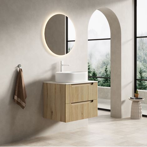 Mobile lavabo bagno sospeso 60x46x62.2 cm, lavello ovale, 2 cassetti soft close, ceramica e pietra sinterizzata, bianco rovere (1/5)