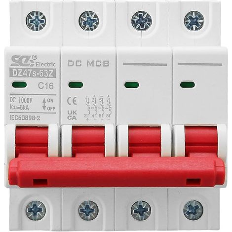 DC-Miniatur-Leistungsschalter 4P für Solar-PV-Systeme, 16 A, DIN-Schienenmontage, 6000 A segmentierte Kapazität, DC 1000 V