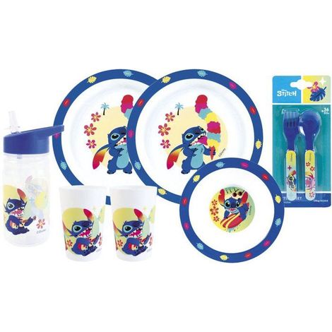 Service de table - FUN HOUSE - DISNEY LILO ET STITCH - 2 verres, 2 assiettes plates (Ø 22 cm), 1 assiette creuse (Ø 16 cm), couverts, bouteille d'eau (1/5)