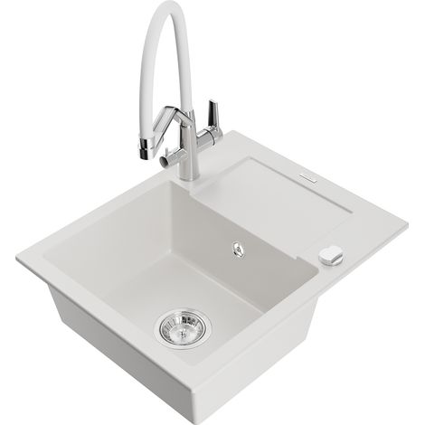 Mexen Enzo lavello da cucina in granito a 1 vasca con sgocciolatoio e rubinetto Duo, bianco - 6506-20-671701-02 (1/5)