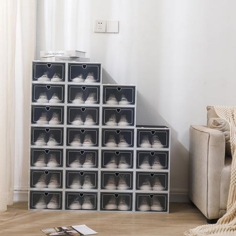 24er-Set Schwarz Transparent Schuhboxen Stapelbar Schuhaufbewahrung mit Durchsichtiger Tür Faltbar Schuhorganizer für Schuhe bis Größe 44 (1/5)