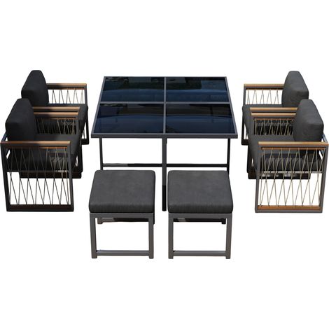 Ensemble repas extérieur 7 pièces pour 6 personnes avec table en verre trempé et chaises à accoudoirs en bois plastique (1/5)
