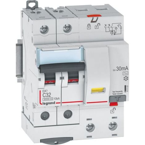 Disjoncteur différentiel monobloc DX³6000 10kA arrivée haute et départ bas à vis 2P 230V à 400V - 32A - typeAC 30mA - LEGRAND