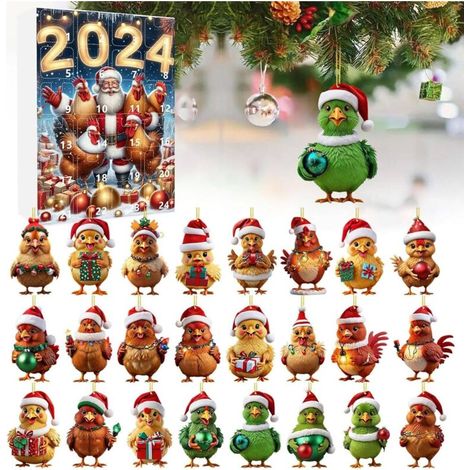Advent Calendar 2024 - 2D Advent Calendar with Santa Hat - Hanging Home Decoration for Christmas Party - Hen Design - 24 Days - Chicken (1/5)