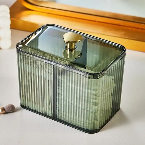 (Vert) 1 boîte de rangement cosmétique carrée, porte-cotons-tiges et vitrine anti-poussière avec couvercle. (1/3)