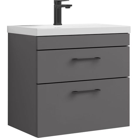 Millwich 2 Drawer Wall Hung Vanity Basin Unit - 600mm - Gloss Grey with Square Black D-shaped handles (Tap Not Included) - Balterley
