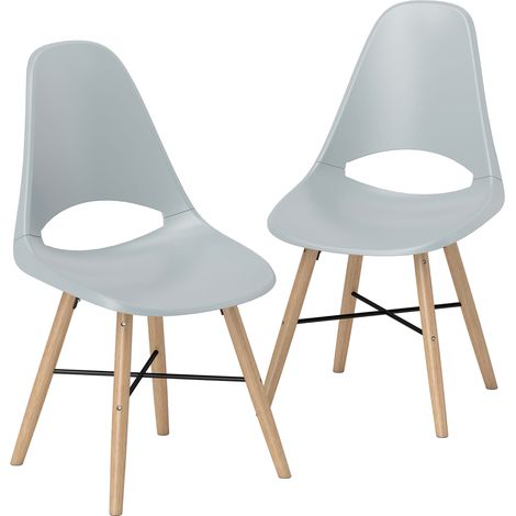 Lot de 2 chaises de salle à manger en plastique gris avec dossier incurvé et pieds en hévéa massif (1/5)