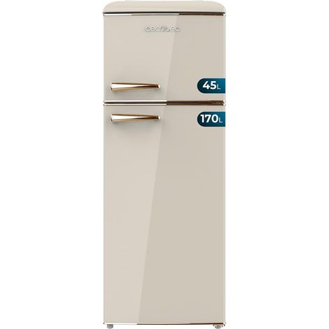 Zweitüriger beigefarbener Retro-Kühlschrank mit einer Höhe von 148,2 cm und einer Breite von 55,2 cm, 215 l Fassungsvermögen, Energieklasse E, Innenbeleuchtung und goldenem Griff.