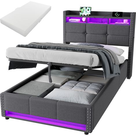Lit 1 place 90x200 avec tête de lit rangement réglable, LED et station de charge USB, tissu gris foncé, sans sommier tapissier – CHICFURN pour chambre moderne (1/5)