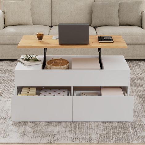 Mesa de centro elevable 100x50x40 cm blanca y color madera en aglomerado con 2 cajones y almacenaje oculto (1/5)