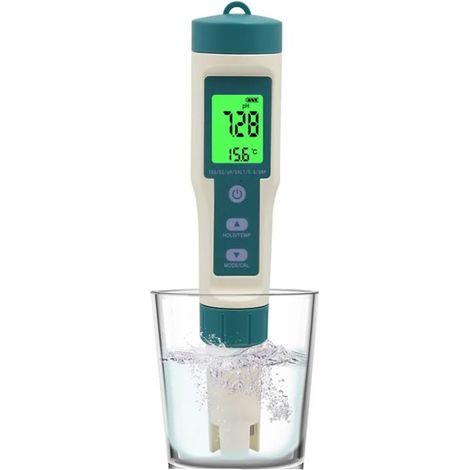 Ce testeur de qualité d'eau 8 en 1 mesure le pH, les TDS, la CE, l'ORP, la température, la salinité et la densité. Il est vert. (1/5)