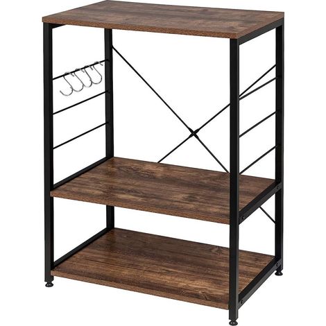 WOLTU Küchenregal Standregal Mikrowellenhalter Bäcker Regal Metallregal aus Holz und Stahl, mit 3 Ablagen, ca. 60 x 40 x 82 cm, vintagebraun
