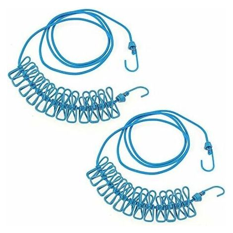 Set of 2 clotheslines with 12 clothes pegs, extendable, adjustable, retractable, for camping, travel, drying clothes outdoors and indoors Blue (1/5)
