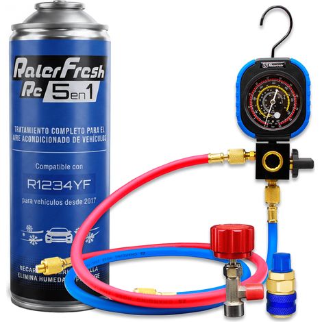 Pack Gas Refrigerante Ralerfresh RC R1234YF 5en1 500ml Manómetro RF31, llave y conector (1/5)