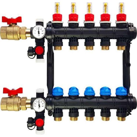 Roth – Collecteur pour plancher chauffant 5 circuits – Débitmètre intégré – Prémonté étanche – Raccordement eurocône 3/4" (1/3)