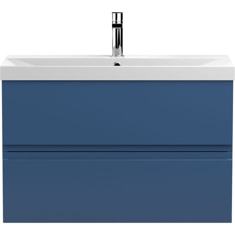 Mavesyn Contemporary 2 Drawer Wall Hung Vanity Unit with Thin Edge Basin, Dark Blue, 800mm