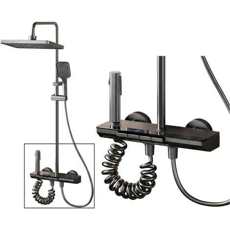 Colonne de Douche Noire Gris Titane avec Tête Carrée - Colonne de Douche 4 Modes et Hauteur Réglable - Tête de Douche, Jet, Robinet et Pommeau de Douche (1/5)