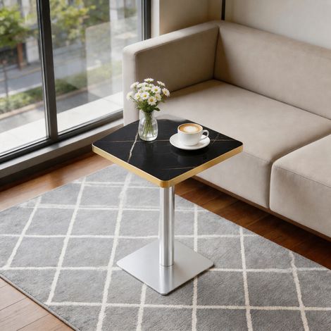 Table carrée moderne UV effet marbre, piètement métal noir, design épuré, parfaite pour petit espace ou salle à manger, plateau compact et gain de place (1/5)