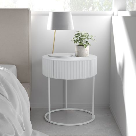 Mesa auxiliar Rill redonda con cajón metal 46xØ40cm Blanco [en.casa]