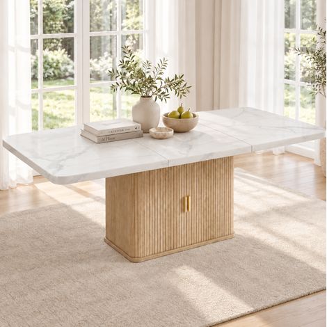 Ausziehbarer Esstisch 150/200 x 90 x 75 cm, weißes MDF mit Stauraum, 6–8 Personen – MEUBLIV (1/5)