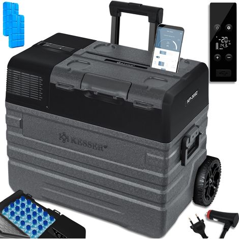 KESSER® Frigorifero elettrico a compressore per congelatore Con controllo APP Connessione USB 12/24 V 230V + ruote telescopiche a barra Frigorifero Raffreddamento fino a -20 °C 52 litri / Antracite