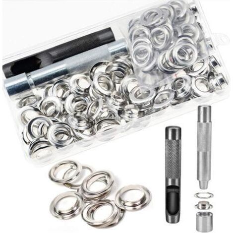 Œillets Kit, 100 Ensembles Œillets 12 mm Œillets, Kit de réparation de bâche, Avec 3pcs Grommet Outils à Oeillet Œillets Kit pour Bâche, Tissu, Rideaux ( argent) (1/5)