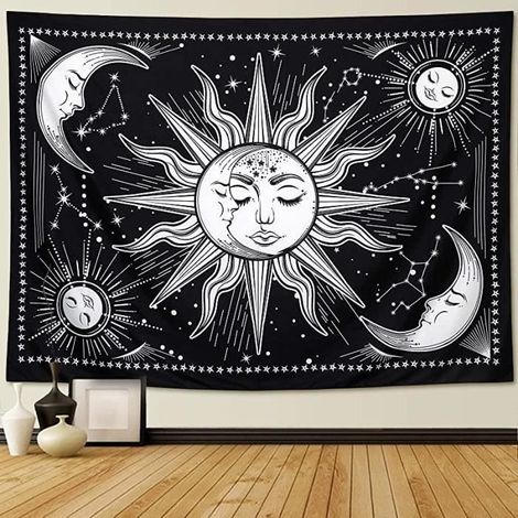 Wandteppich – Mystisch – Sonne und Mond – 200x150 cm – Schwarz-Weiß – Polyester