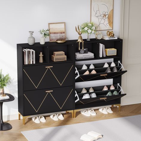 Scarpiera con 4 ante basse ribaltabili, 4 scomparti portaoggetti, gambe in metallo, in MDF, nero (1/5)