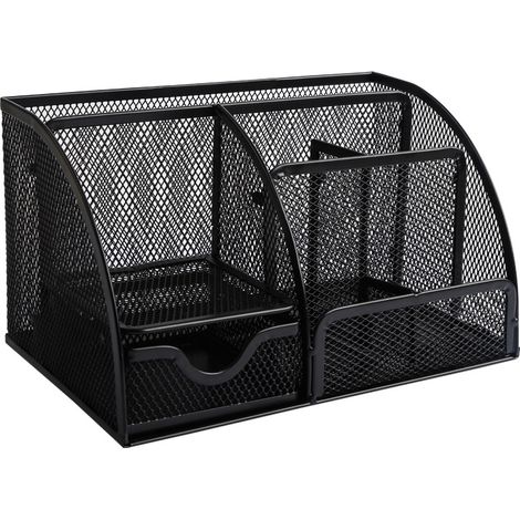 Organiseur de bureau en filet métallique noir avec tiroir coulissant, organiseur de bureau avec 7 compartiments pour stylos, agrafeuses, pinces à dossiers, notes autocollantes (1/5)