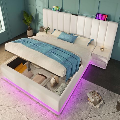 Lit coffre PU blanc 180x200 cm avec sommier à lattes, LED 360°, ports USB et USB-C (1/5)