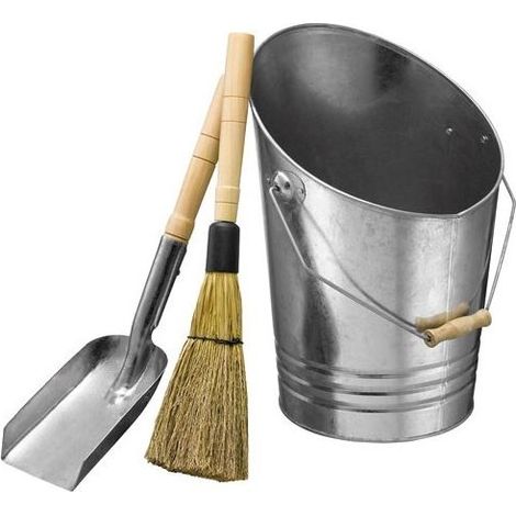 Soavoa Ensemble Cheminée Acier Galvanisé 10L Seau Pelle Balayette Poignées Bois Nettoyage Cendres Foyer (1/3)