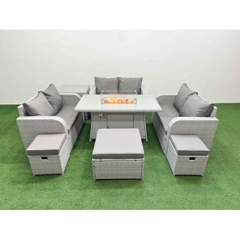 Fimous  9 Seater PE Wicker Rattan Furniture Sofa Sets with Firepit Dining Table 2 Seater Love Sofa 3 Stool Side Table Light Grey (1/4)