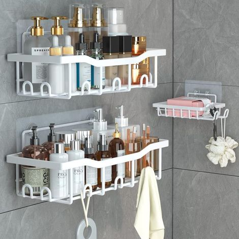 Douche sans Percage, Rangement Salle de bain Lot de 3, Etagere Salle De Bain Sans Percage Etagere De Douche Salle De Bain Accessoire (Blanc) (fig. réactionnaire) (1/4)