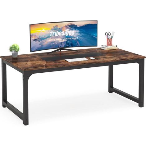 Bureau informatique 180x90cm, table de travail bureau rustique, plateau spacieux, montage facile (1/5)