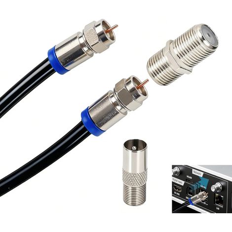 Câble Coaxial TV RG6 1 m 75 Ohm, Câble Antenne TV et Satellite avec Connecteurs F, Coupleur F81 Femelle Femelle et Adaptateurs F vers IEC 9,5 mm, Cuivre Blindage Jusqu’à 3 GHz Noir (1/5)