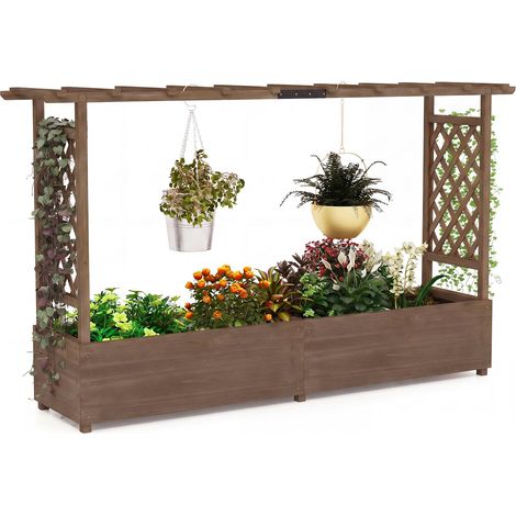 COSTWAY Fioriera Rialzata con Grigliato, Aiuola Rialzata con Traliccio per Piante Rampicanti e Fori di Drenaggio, Orto Elevato da Giardino, Terrazzo e Cortile (Marrone,200 x 44 x 114 cm) (1/5)