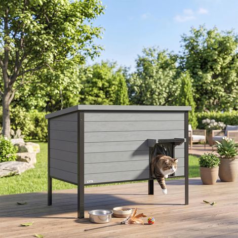 Caseta para gatos resistente a la intemperie con techo abatible, suelo desmontable y entrada para 1-2 gatos de hasta 12 kg, 85x55x70 cm, gris claro.