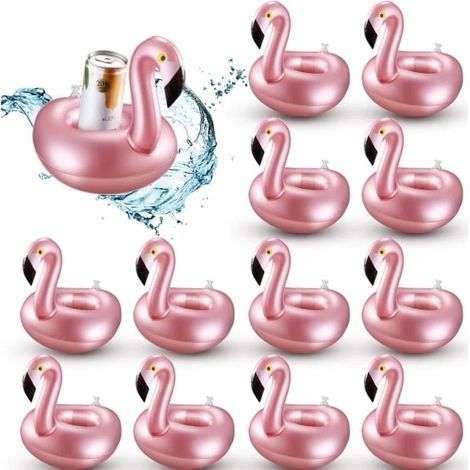 Lot de 12 porte-gobelets gonflables flamants roses, réutilisables et mignons, parfaits pour les fêtes d'été à la piscine. (1/5)