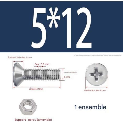 paquet (15 jeux) de vis à six pans creux M512 mm, vis à tête plate en acier inoxydable 304 avec écrous hexagonaux (1/5)