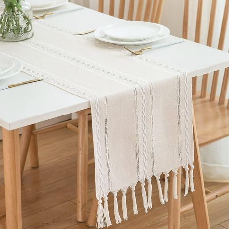 chemin De Table Beige 32x200cm, Beige Crme Boho Chemin De Table Style Campagnard 2m Chemin De Table Rustique Avec Glands Pour Dner, Fte, Vacances, (1/5)
