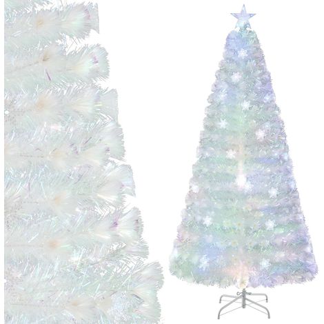 COSTWAY Albero di Natale Pre-illuminato in Fibra Ottica 120/150/180/210 cm, Albero di Natale Bianco con Foglie Iridescenti, Luci a LED a Fiocco di Neve Multicolore, Luce Superiore a Stella (210 CM) (1/5)