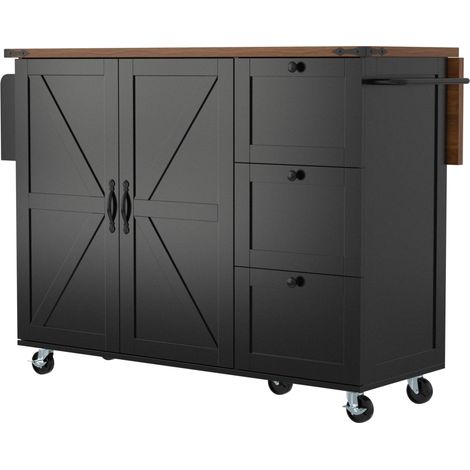 Küchenwagen mit 1 Tür, 3 Schubladen, Klappbarer Arbeitsplatte, Handtuchhalter und Rollen, aus MDF, Schwarz (1/5)